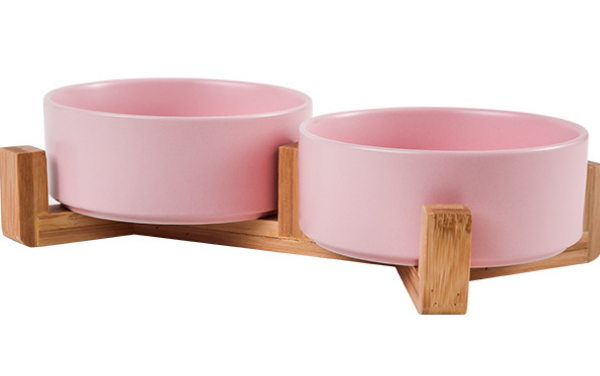 Double Ceramic Bowl W Wood Stand